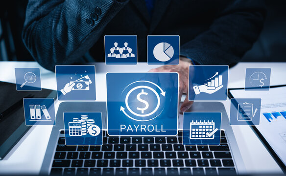 Payroll Management and Financial Processing System. Businessman works on payroll management with icons for payment, employee salaries, scheduling, analysis finance, and efficient payroll operations.