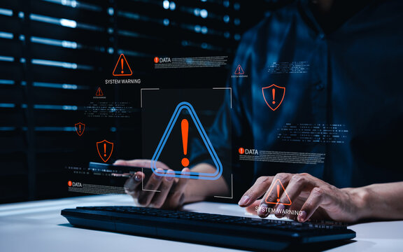Cybersecurity system warning and data breach alert concept. Person using smartphone, cyber threat detection, network security, incident response, data protection, risk monitoring, digital defense