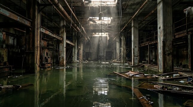 Abandoned industrial building flooded with water