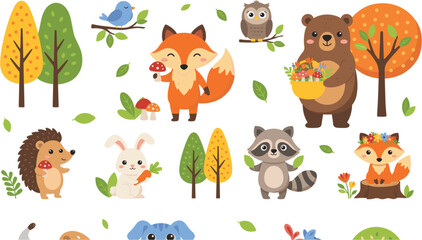 Naklejka premium Cute Woodland Forest Animals Clipart Vector Set with Fox, Bear, Raccoon, Hedgehog, Rabbit, Trees, and Leaves for Autumn Children Graphic Designs and Patterns