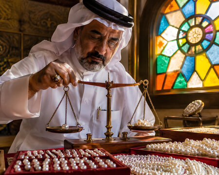 Gulf Pearl Merchant Weighing Pearls Beside Stained Glass Window
