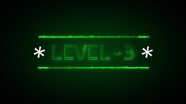 Level three gaming screen animation with green glowing neon borders on black background digital interface element for video game transition sequence or menu progress display.