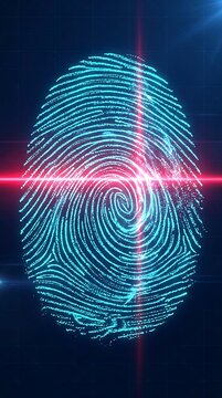 Blue digital fingerprint with red light beams