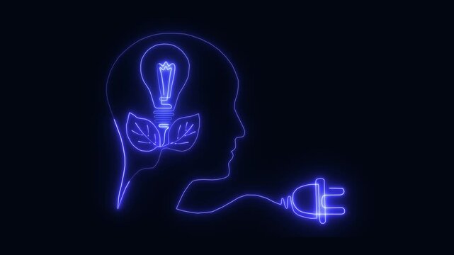 Dynamic motion graphics animation showcasing human head profile with bright lightbulb representing idea and two green leaves, connected to pulsing electric plug on dark background.