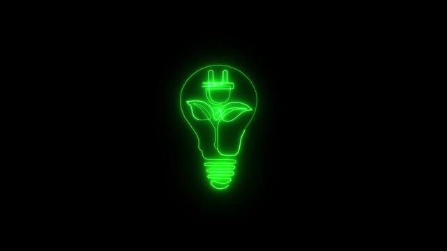 green neon light outlines a stylized lightbulb containing a leaf and an electrical plug, pulsating with energy on a solid black background, concept of eco-friendly power.