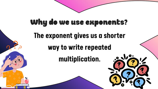 Educational math slide explaining exponents, colorful classroom presentation graphic, mathematics learning poster for students