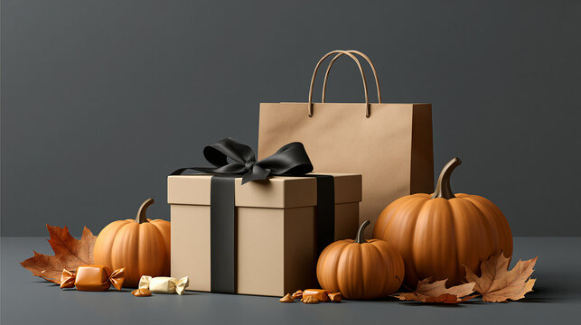 Autumn Gift Box and Shopping Bag with Pumpkins for Fall Holiday