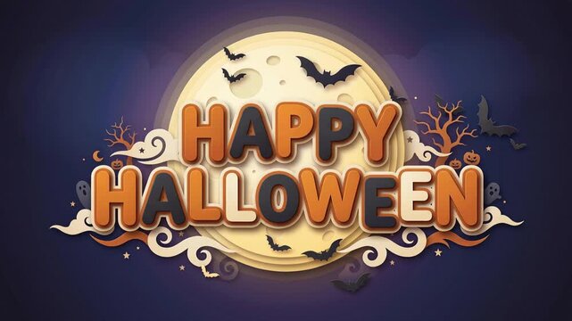 Happy Halloween Typography with Crescent Moon and Flying Bats