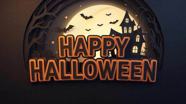 Happy Halloween Typography with Full Moon and Flying Bats