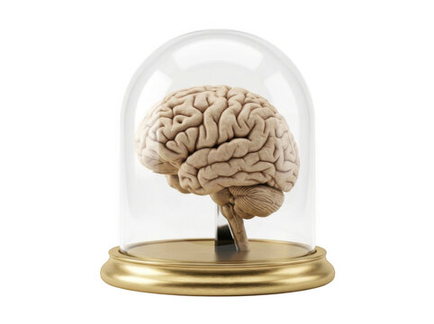 A human brain anatomical model displayed under a clear glass cloche dome with a gold base, isolated on a solid black background, studio shot isolated on a transparent background
