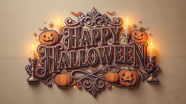 Happy Halloween Decorative Typography with Pumpkins and Bats