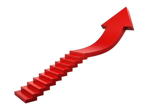 A bright red staircase leading into a large, upward-pointing arrow, symbolizing growth and success on a black background isolated on a transparent background
