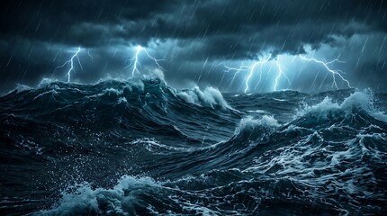 Naklejka premium Dark ocean waves with lightning in stormy sky