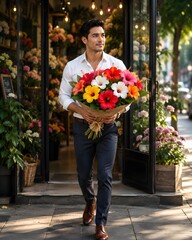 Fototapeta premium Handsome Man Holding Colorful Hibiscus Bouquet Outside Flower Shop