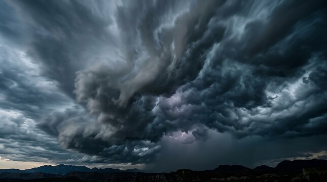 Dark storm clouds with lightning over mountain landscape