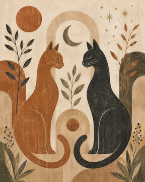 Boho Cats Illustration with Moon Sun Botanical Leaves and Celestial Symbols in Earthy Colors