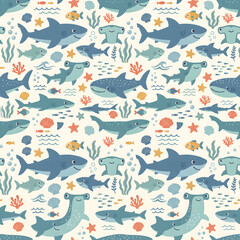 Fototapeta premium Cute Sea Life Animals Seamless Pattern