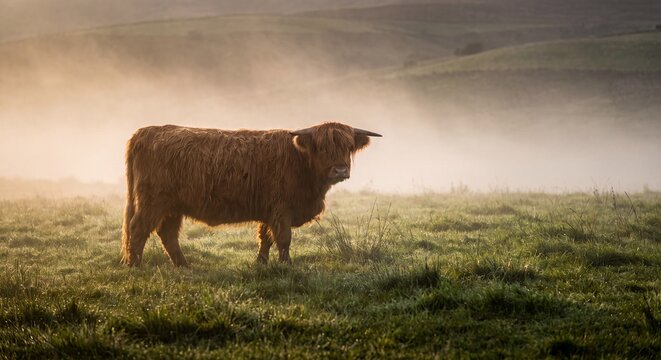 Highland cattle field mist sunrise