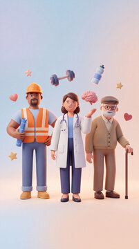 A 3D character illustration featuring a construction worker, a doctor, and an elderly man, symbolizing health, community, and diverse professional roles.