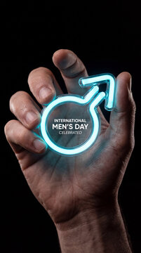 A human hand holds a glowing blue neon male gender symbol to celebrate International Men's Day, set against a dark background for a modern, conceptual look.