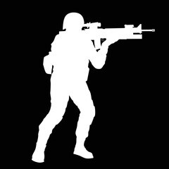 Naklejka premium Battle army silhouette design vector,force army white silhouette image,soldier war waepon black and white image, soldier war waepon black and white vector,army war gun silhouette illustration 