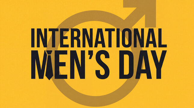 A graphic design celebrating International Men's Day featuring bold typography, a tie icon replacing the letter I, and the male gender symbol on yellow.