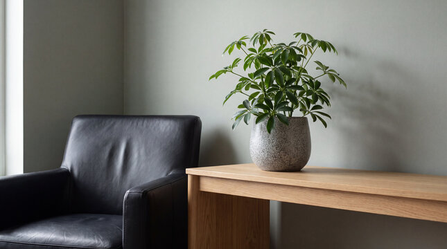 A minimalist interior corner featuring a sleek black leather armchair next to a wooden console table with a lush green Schefflera plant in a textured pot.