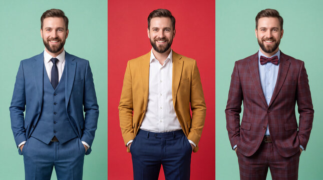 A professional bearded man wearing three distinct stylish suits against contrasting mint green and vibrant red backgrounds, showcasing fashion and versatility.