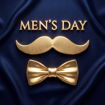 A luxurious celebration background for International Men's Day featuring 3D golden text, a metallic mustache, and a bow tie on a deep blue silk fabric backdrop.