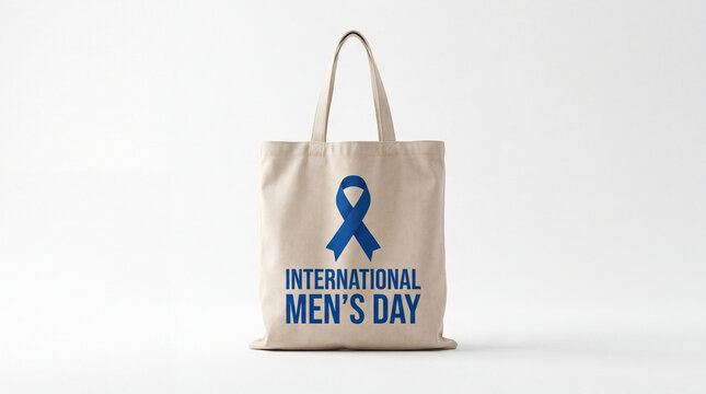 A canvas tote bag featuring a blue ribbon symbol and the text International Men's Day, promoting awareness and support on a clean white background.