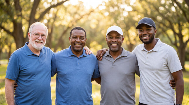 A portrait of four diverse men of different ages and backgrounds standing together in a park at sunset, smiling warmly with arms around each other.