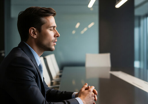 Coping With Working Stress. Portraif Of Calm Man Meditating At Workplace