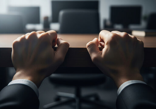 Close-up of a person's hands firmly gripping the edge of a rustic wooden table, representing intense stress, anxiety, or deep concentration.