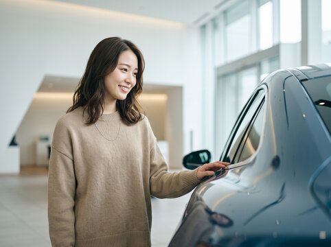 カーディーラーで展示車を手で触り感触を確かめる女性