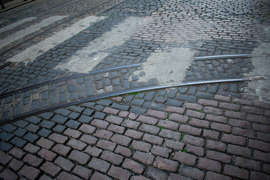 Vintage Cobblestone Street and Trolly Tracks