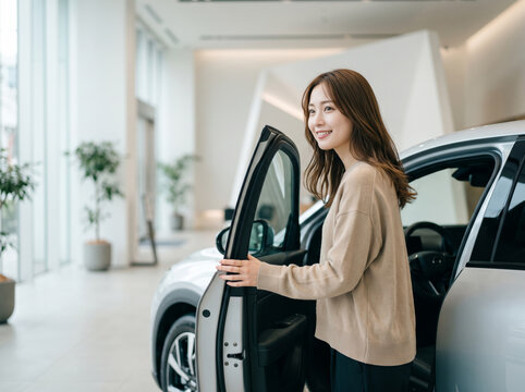 カーディーラーのショールームで納車された新車のドアを開けて微笑む女性