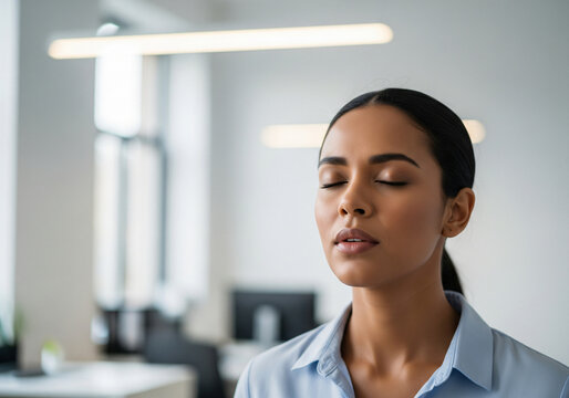 Young woman meditating at office desk with closed eyes