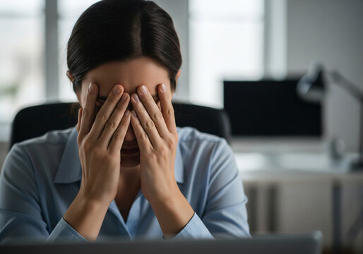 Stressed woman covering her face with hands while sitting at a desk in a modern office, surrounded by computer.