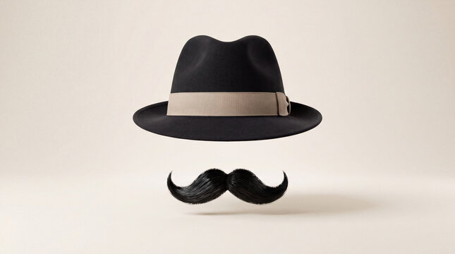 A minimalist studio shot featuring a floating black fedora hat and a stylized black handlebar mustache isolated against a clean beige background.