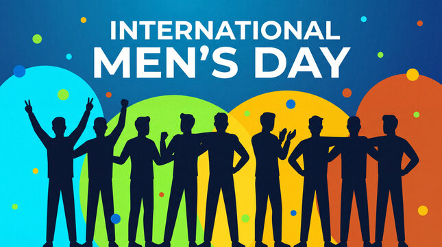 A vibrant celebration graphic for International Men's Day featuring a group of male silhouettes standing together against a colorful, dotted background.