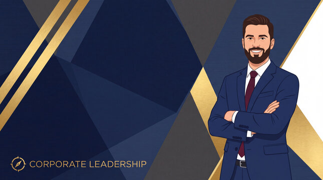 A professional man in a suit with folded arms, set against a stylish navy blue and gold geometric background, perfect for corporate leadership concepts.