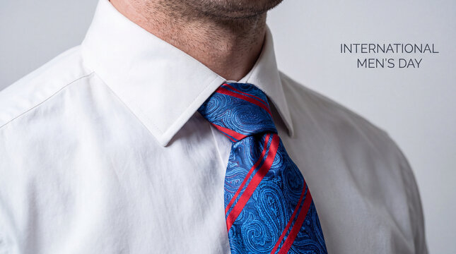 A close-up of a man in a professional white dress shirt and blue paisley tie celebrating International Men's Day with a clean, corporate aesthetic.