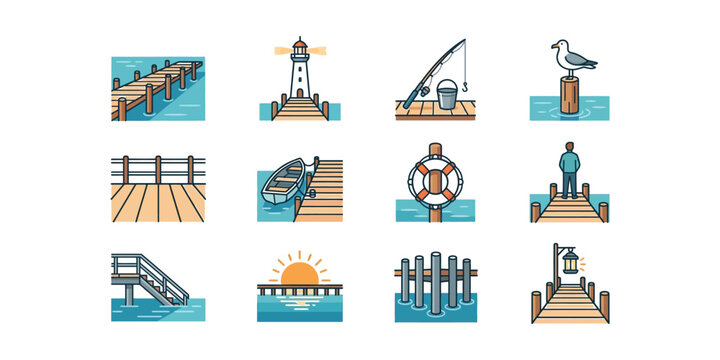 Set of vector icons depicting various wooden pier and dock elements.
