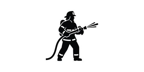 Naklejka premium Silhouette of a brave firefighter holding a water hose to extinguish fire.