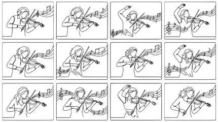 Fototapeta premium Violin Player Set: Dynamic Poses of Musician with Sheet Music on Transparent Background