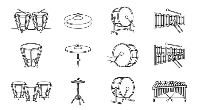 Musical Instruments Collection: Drums, Cymbals, Marimba, Isolated Line Art Icons