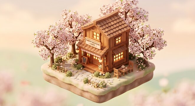Cute isometric 3D miniature model of a wooden Cherry Blossom cafe surrounded by pink spring trees on a floating island.
