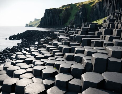 Hyper-realistic professional photo of Hexagonal basalt columns of Giant's Causeway on the coast
