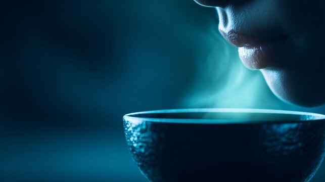 person appreciating aroma of sake, mindful drinking concept, calm emotion, soft portrait lighting