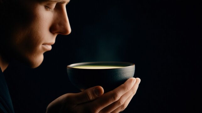 person appreciating aroma of sake, mindful drinking concept, calm emotion, soft portrait lighting